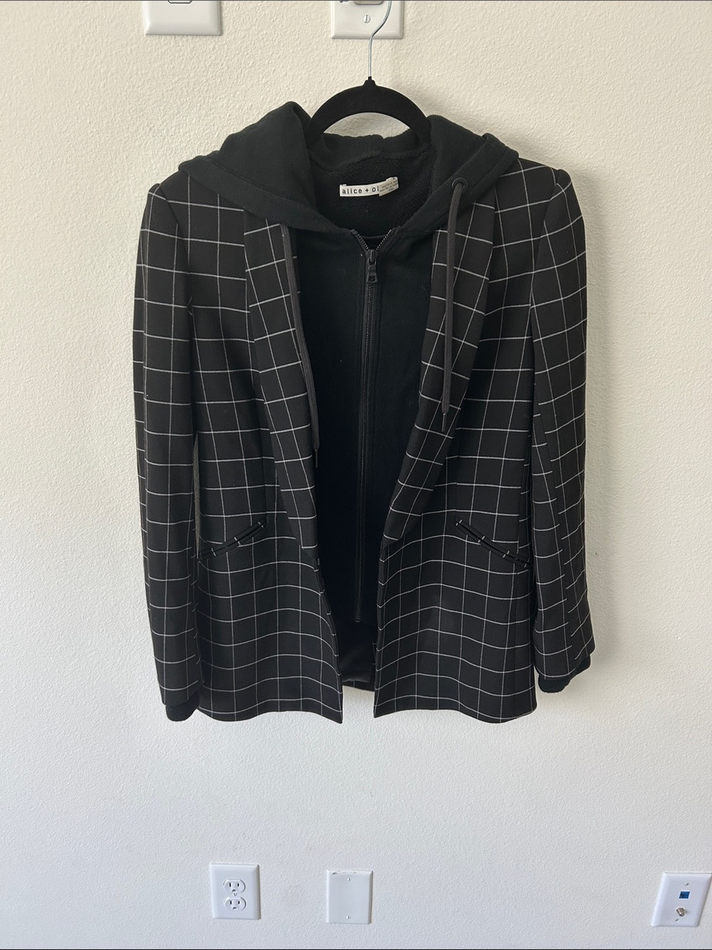 Alice + Olivia Black Windowpane Blazer with Attached Hoodie